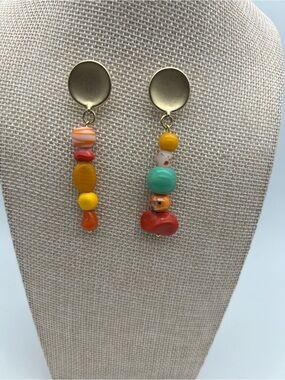 Mismatched Glass Bead Drop Earrings with Gold Discs - Yellow & Turquoise